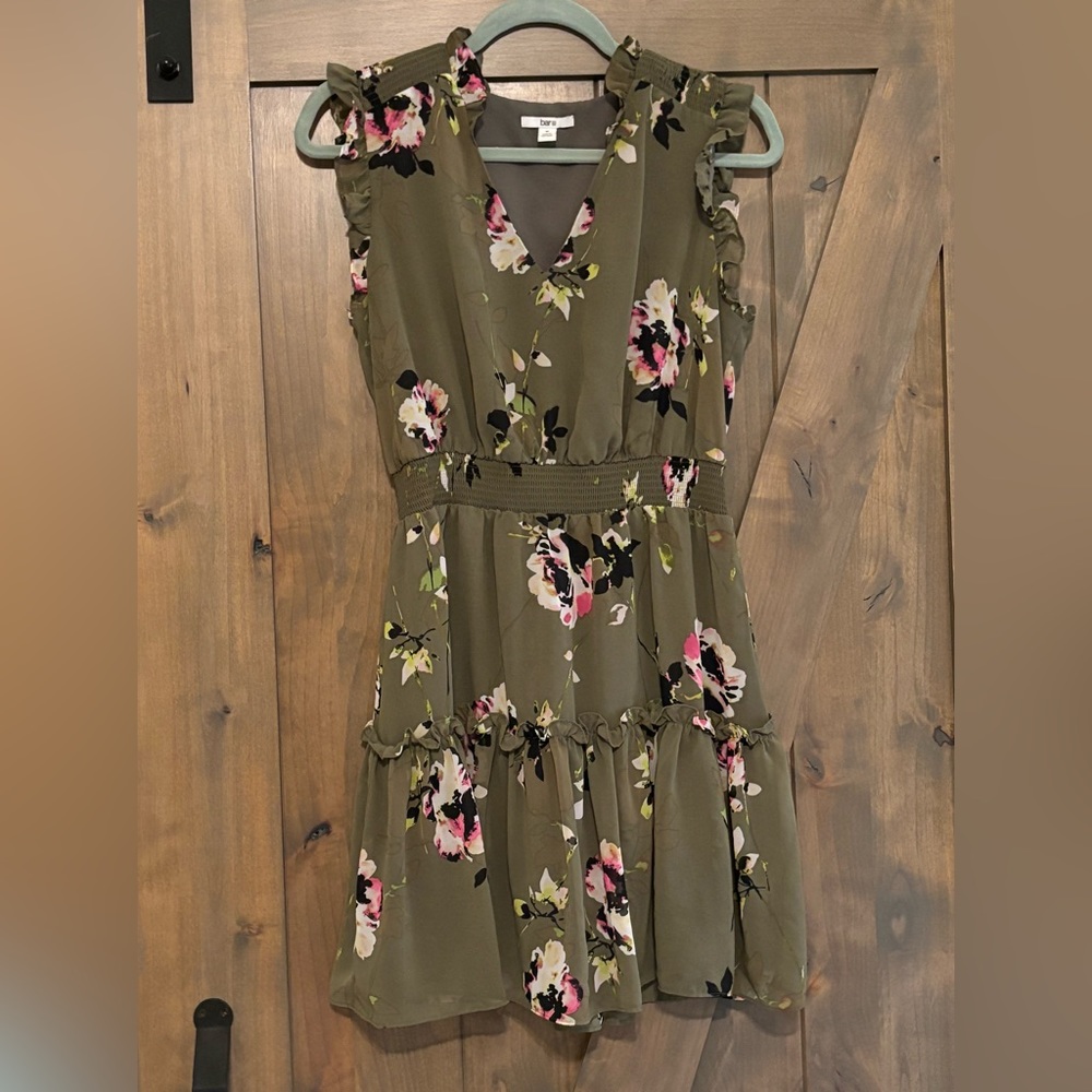 Bar III dress. Green with floral print.
